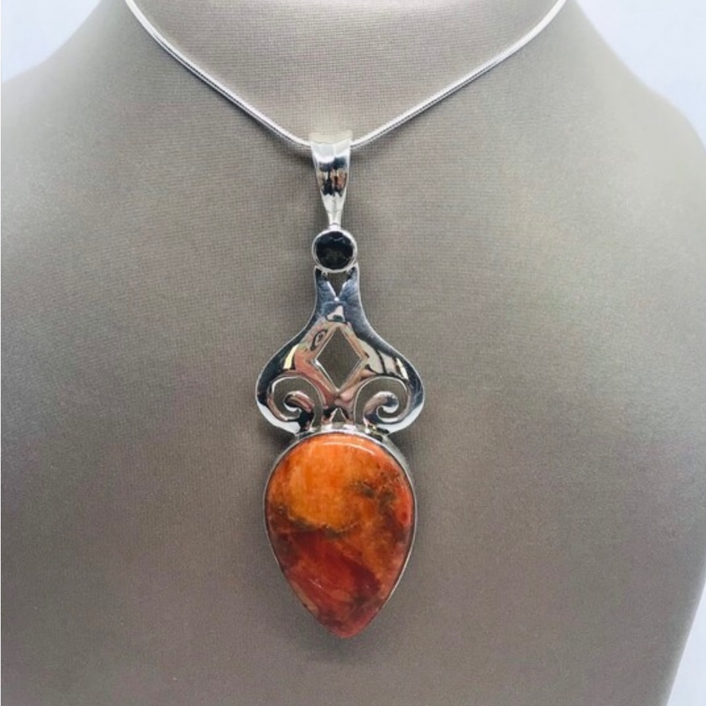 Silver, Polished Scroll Sponge Coral & Brown Quartz Pendant With 24” Long Chain